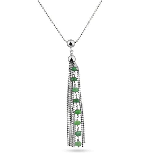 Sterling Silver Rhodium Plated Bead Chain with Dropped Emerald Bead Necklace