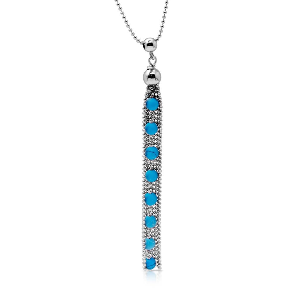 Sterling Silver Rhodium Plated Bead Chain with Dropped Turquoise Bead Necklace