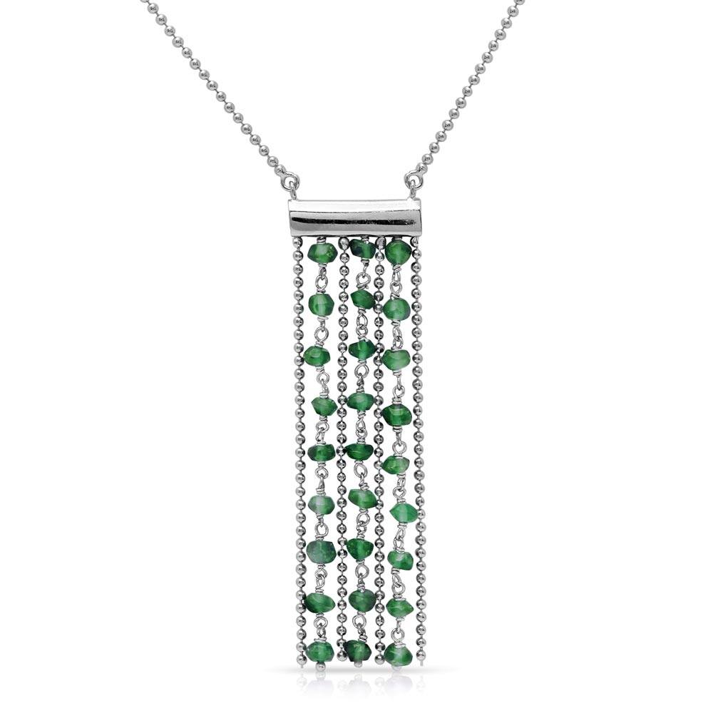 Sterling Silver Rhodium Plated Bead Chain Necklace with Dropped Green BeadsNecklace