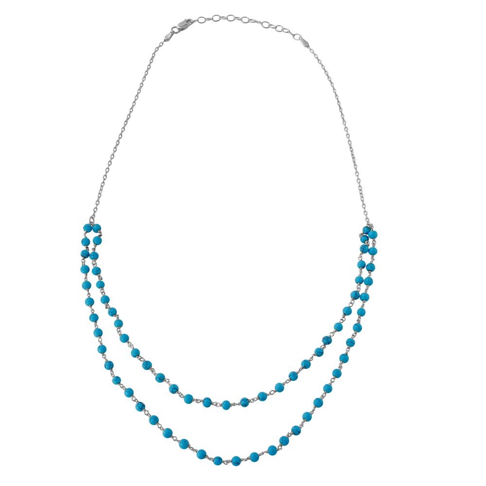 Sterling Silver Rhodium Plated Double Strand Turquoise Bead Necklace