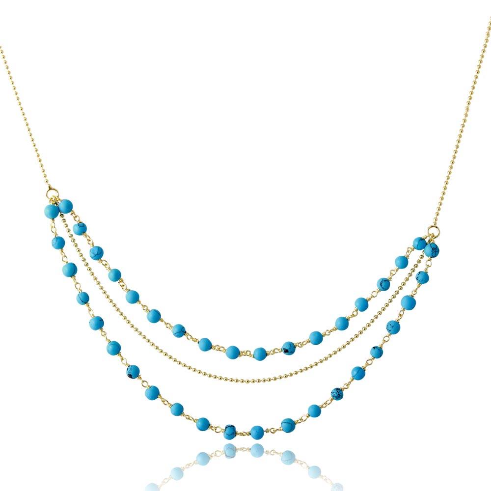 Sterling Silver Gold���������Plated Triple Strand Turquoise Bead Necklace