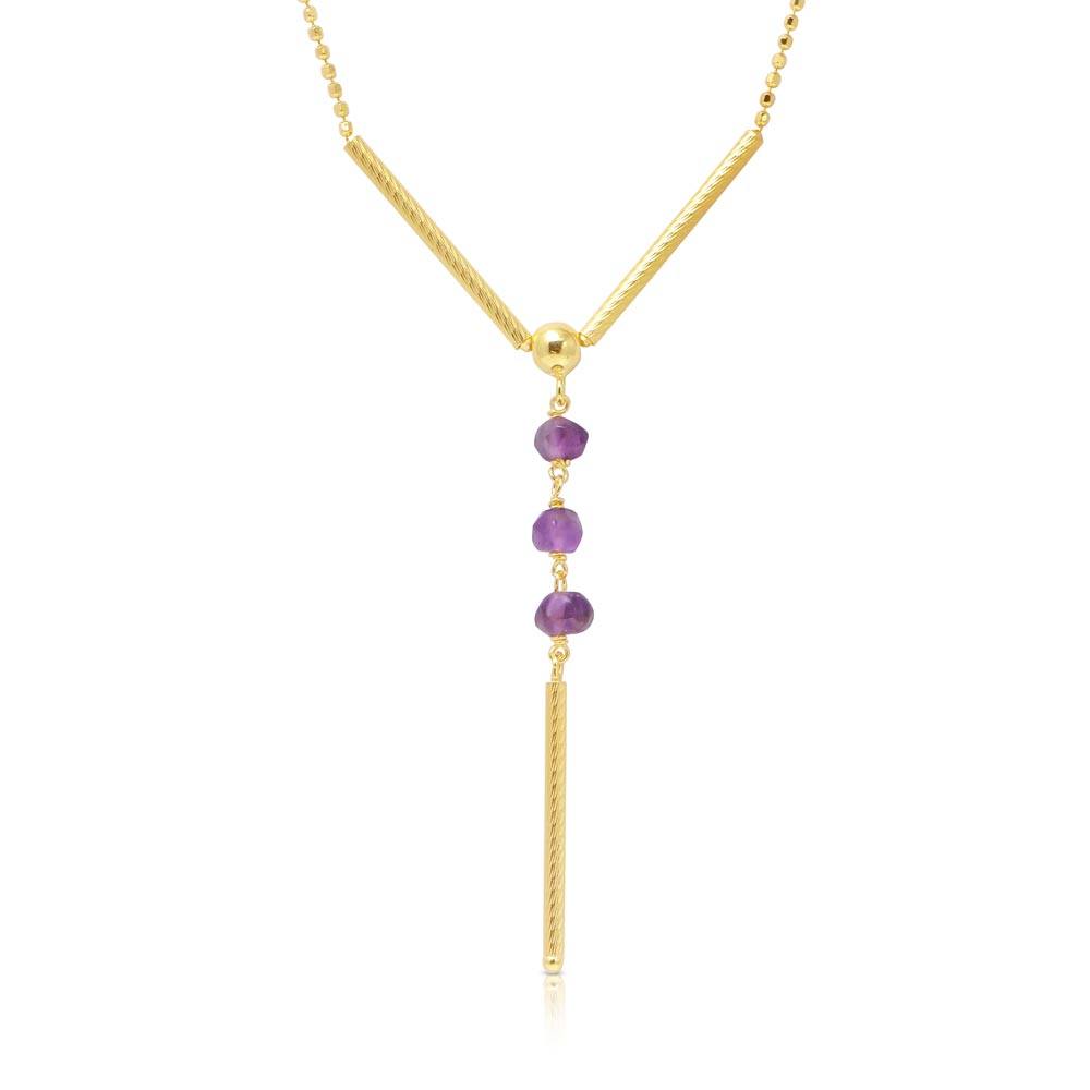 Sterling Silver Gold Plated DC Bead Chain with Dangling Purple Beads Bar Necklace