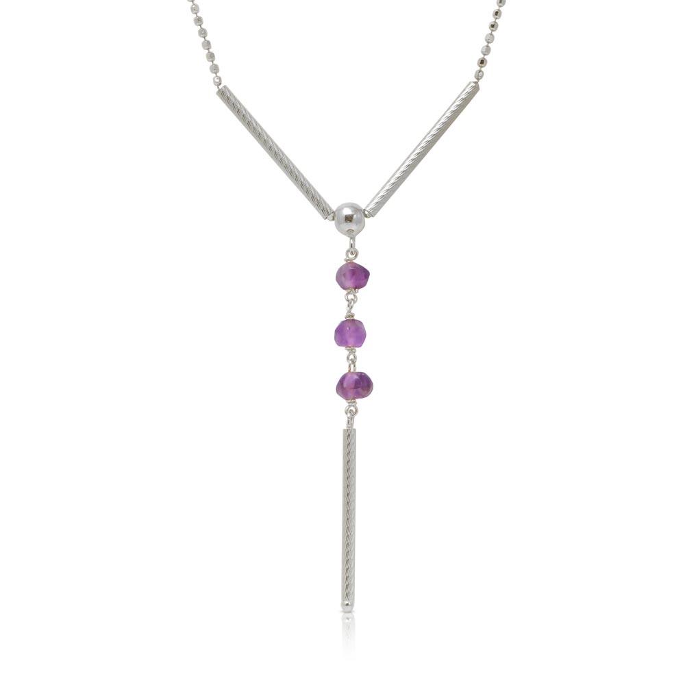 Sterling Silver Rhodium Plated DC Bead Chain with Dangling Purple Beads Necklace