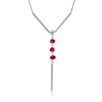 Sterling Silver Rhodium Plated DC Bead Chain with Dangling Red Beads