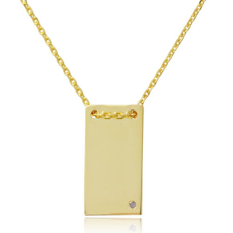 Sterling Silver Gold Plated Engravable Rectangular Shaped Necklace with CZ