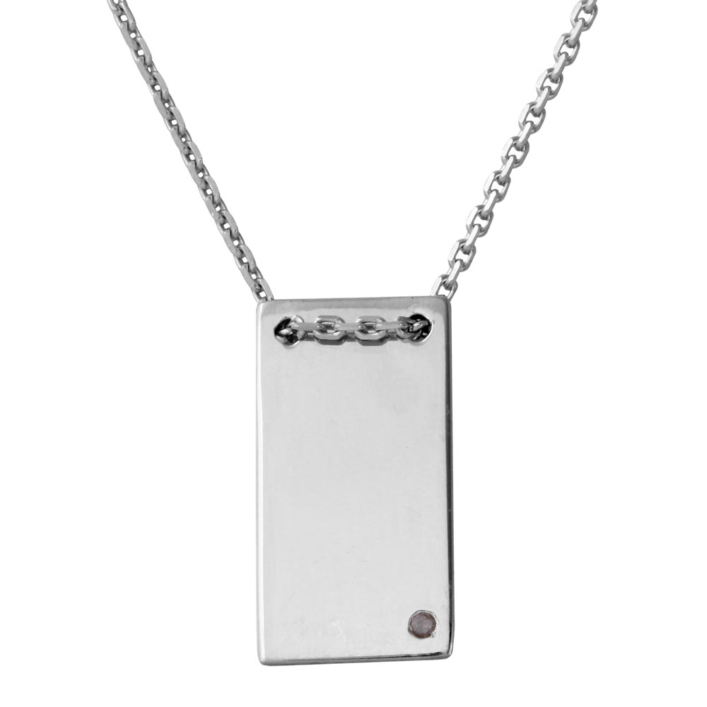 Sterling Silver Rhodium Plated Engravable Rectangular Shaped Necklace with CZ