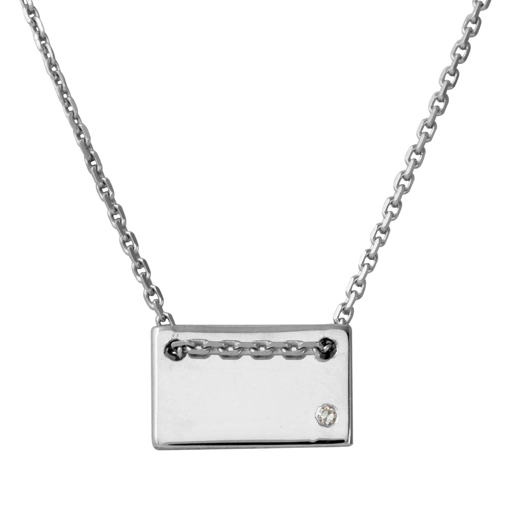 Sterling Silver Rhodium Plated Engravable Small Rectangle Shaped Necklace with CZ