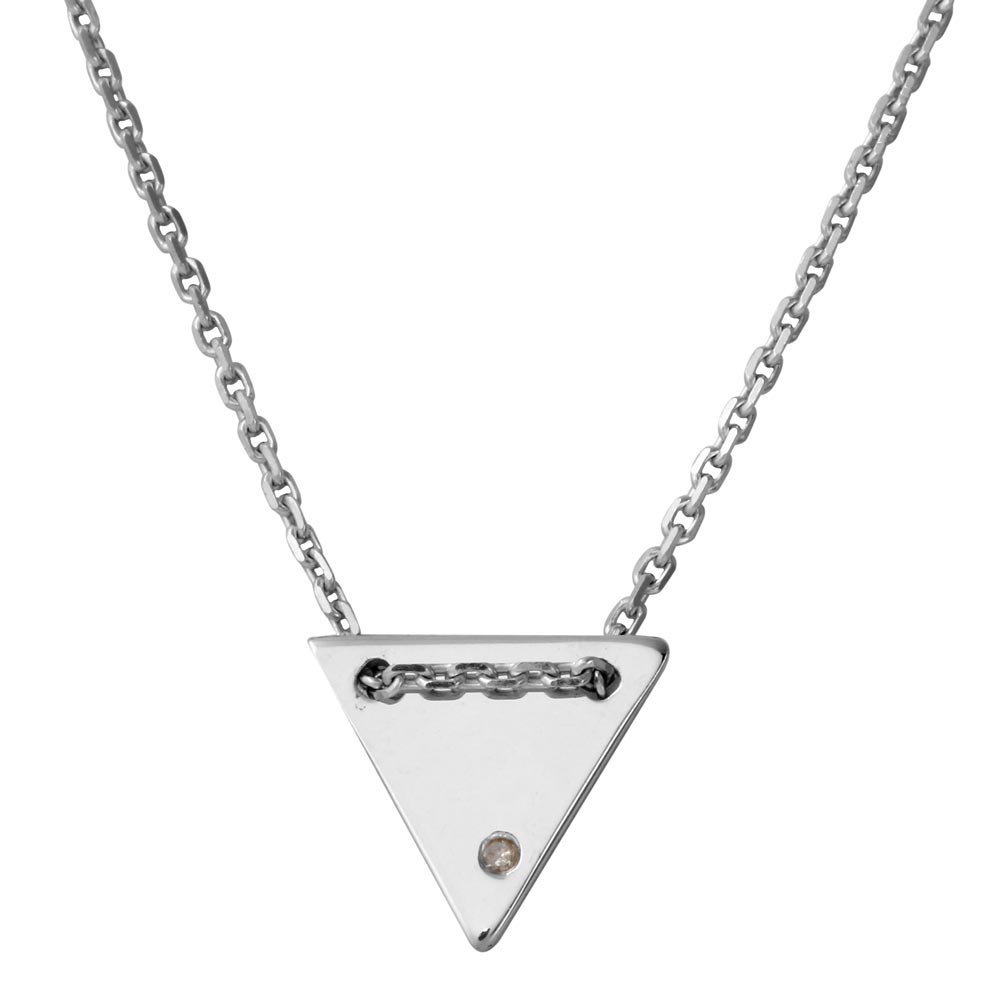 Sterling Silver Rhodium Plated Engravable Diamond Shaped Necklace with CZ