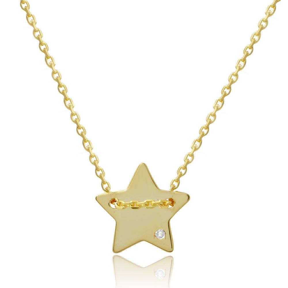 Sterling Silver Gold Plated Engravable Star Shaped Necklace with CZ