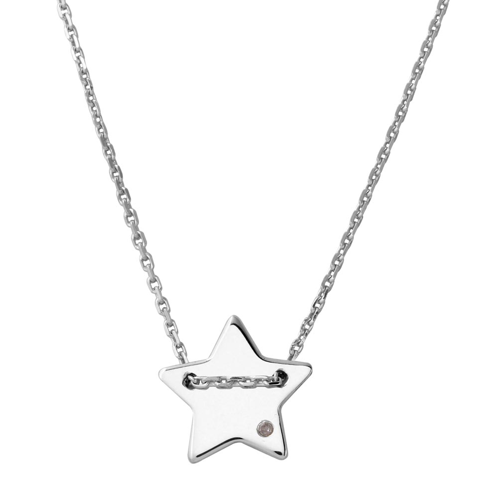 Sterling Silver Rhodium Plated Engravable Star Shaped Necklace with CZ