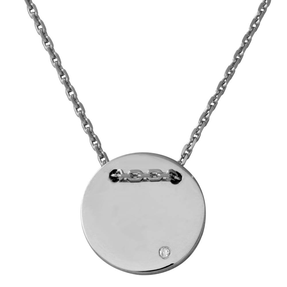 Sterling Silver Rhodium Plated Engravable Circle Necklace with CZ