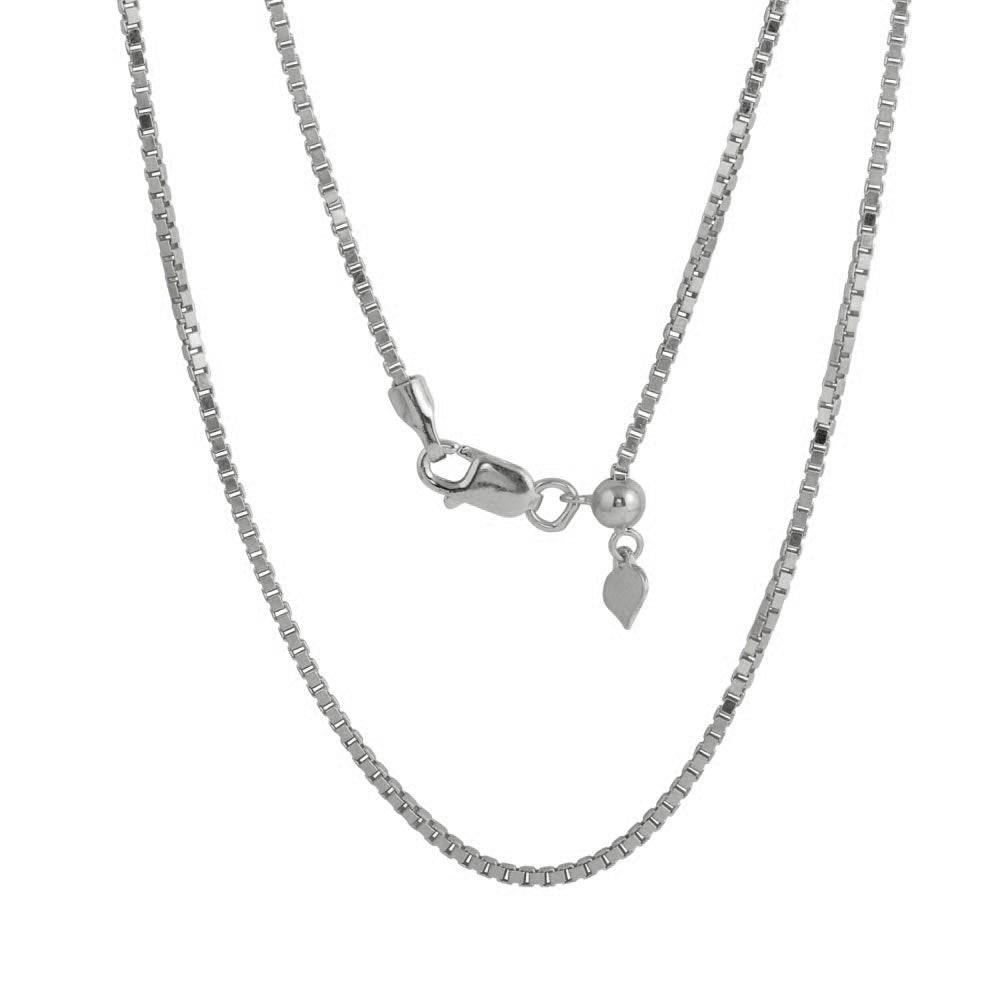 Sterling Silver Rhodium Plated Adjustable Box Slider Chain with Hanging Heart