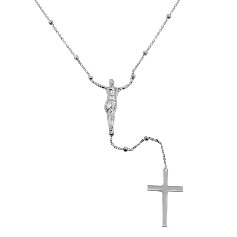 Sterling Silver Rhodium Plated Crucifix Rosary Necklace