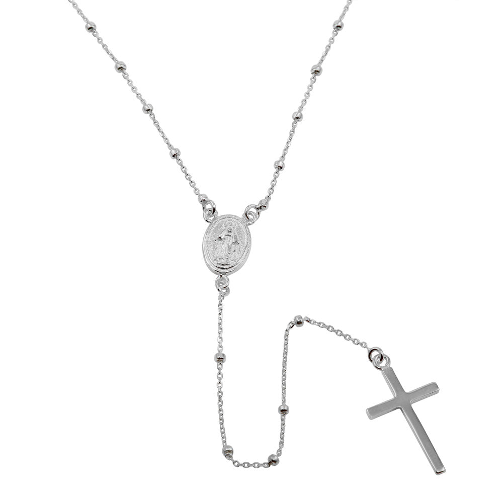 Sterling Silver Rhodium Plated Rosary Beaded Necklace