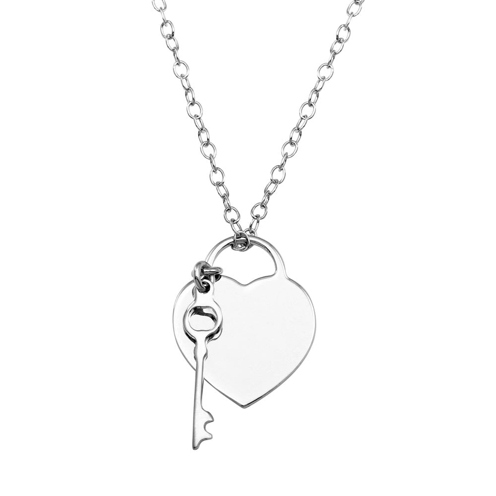 Sterling Silver Rhodium Plated Heart With Key