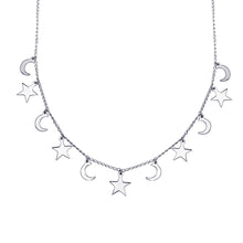 Load image into Gallery viewer, Sterling Silver Rhodium Plated Dangling Star and Moon Chain Necklace