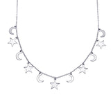 Sterling Silver Rhodium Plated Dangling Star and Moon Chain Necklace