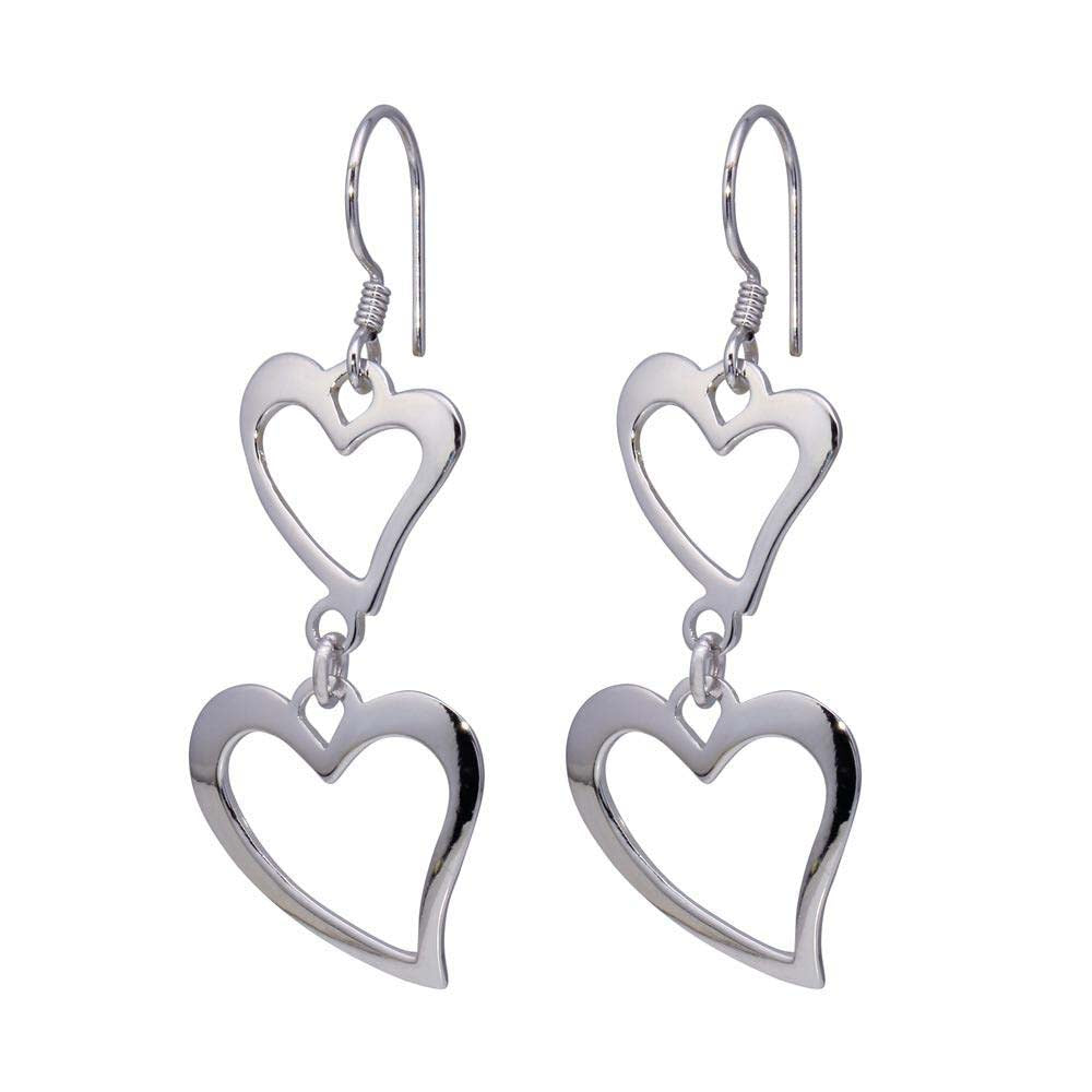 Sterling Silver Rhodium Plated Two Graduated Open Heart Hook Earrings