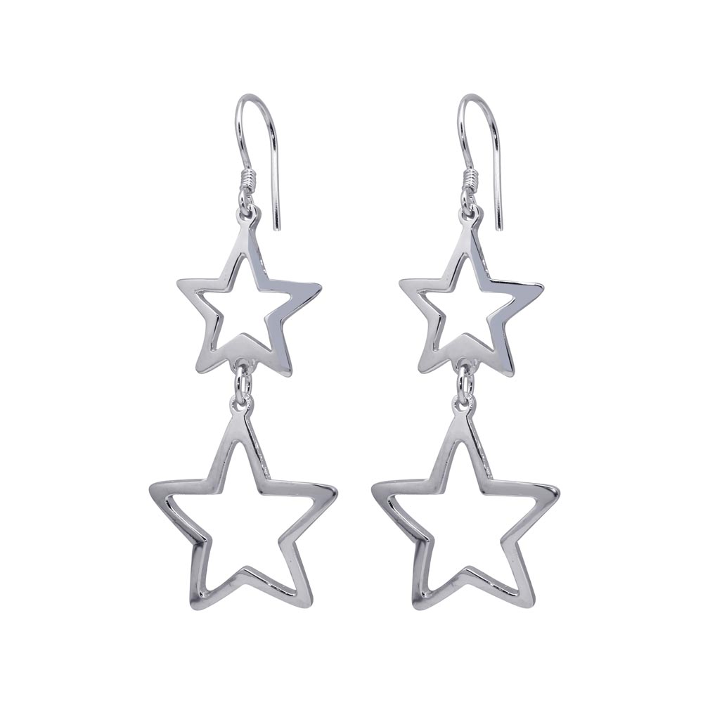 Sterling Silver Rhodium Plated Two Open Star Hook Dangling Earrings