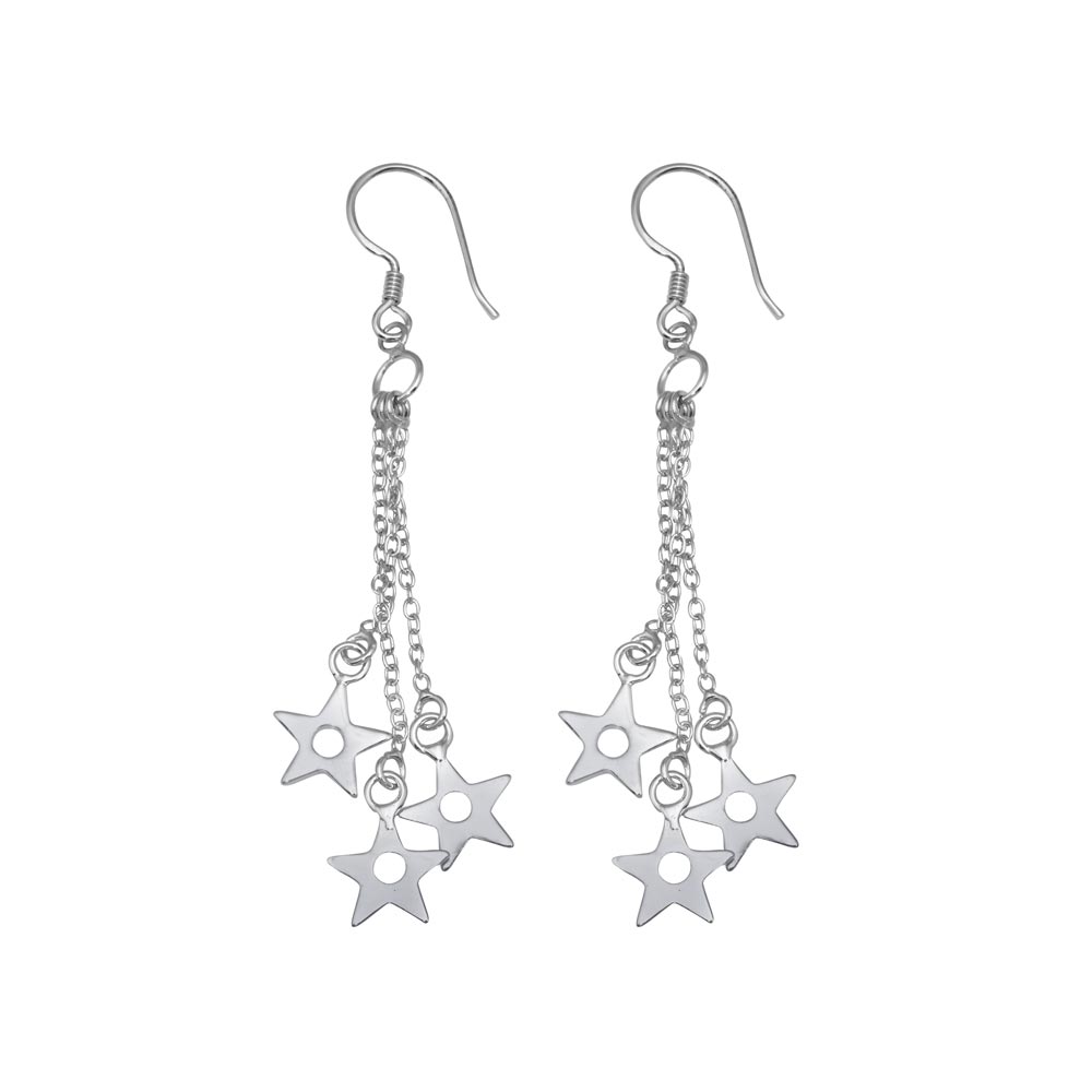 Sterling Silver Rhodium Plated  Three Wire Dangling Open Stars Hook Earrings