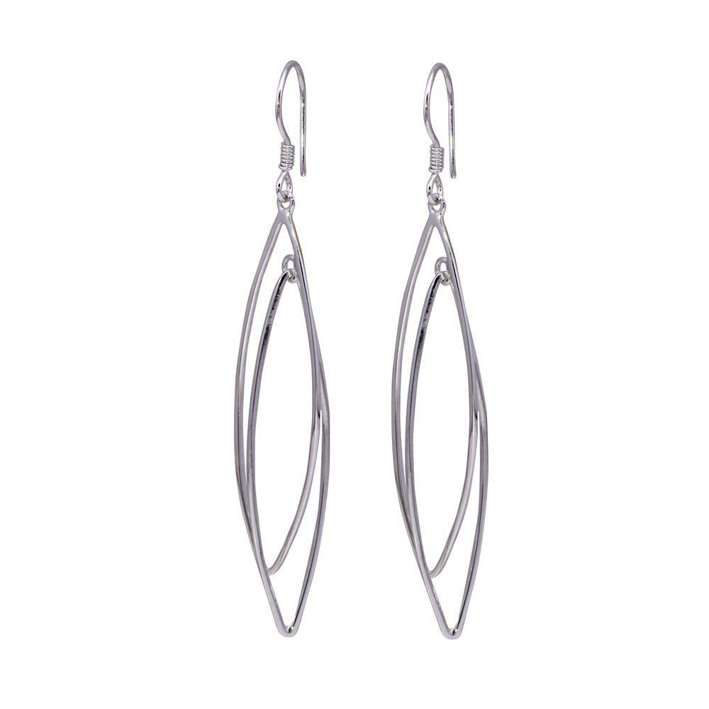 Sterling Silver Rhodium Plated Two Graduated Open Marquis Dangling Hook Earrings