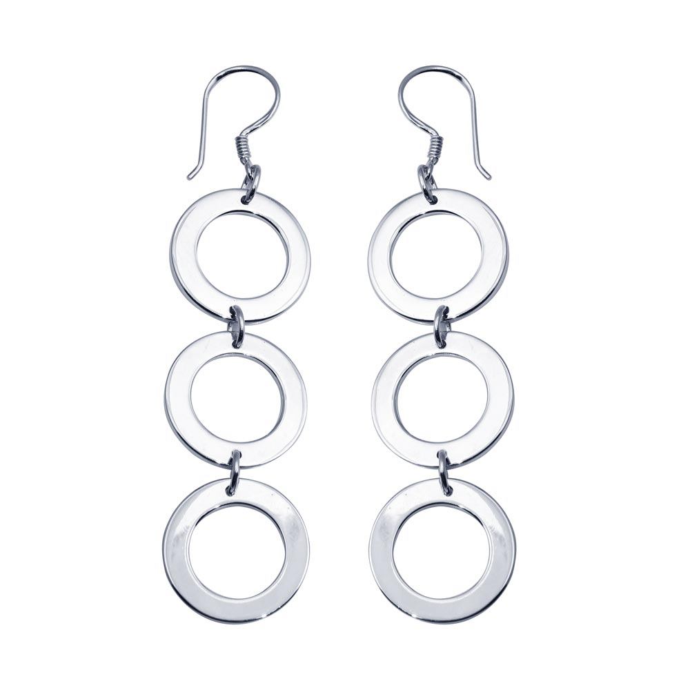 Sterling Silver Rhodium Plated Three Open Circle Dangling Hook Earrings