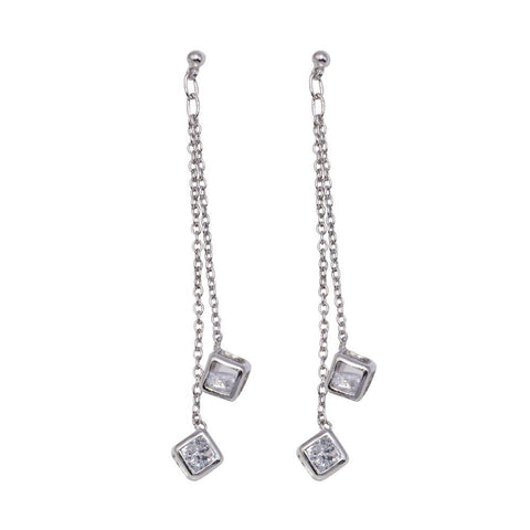 Sterling Silver Rhodium Plated Two Wire Dangling Block Hook Earrings