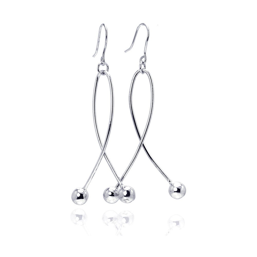 Sterling Silver Rhodium Plated Twisted Two Hanging Balls Hook Dangling Earrings