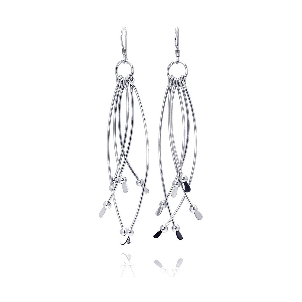 Sterling Silver Rhodium Plated Multiple Crossed Dangling Wire Wide Teardrop Hook Earring
