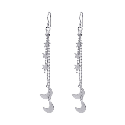 Sterling Silver Rhodium Plated WireAnd Star And Crescent Moon Shaped Dangling Hook Earrings