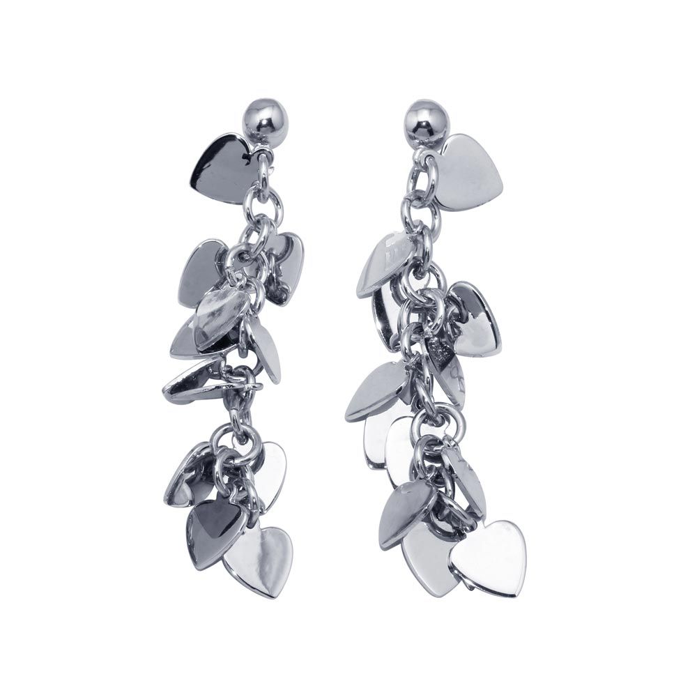 Sterling Silver  Rhodium Plated Multiple Dangling Solid Heart Stud Earring