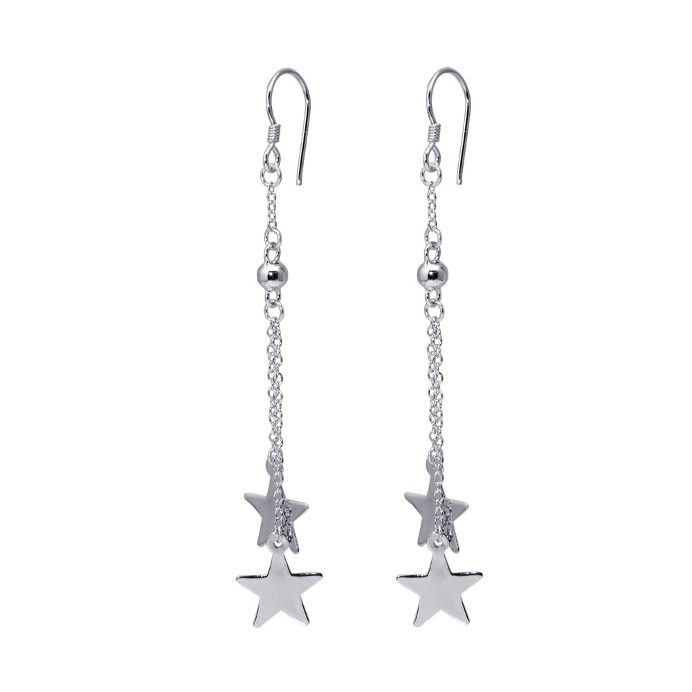Sterling Silver Rhodium Plated Two Wire Dangling Solid Star  Hook Earrings