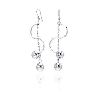 Sterling Silver Rhodium Plated Two Hanging Ball Twisted Dangling Hook Earrings