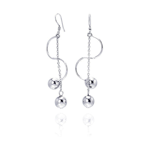 Sterling Silver Rhodium Plated Two Hanging Ball Twisted Dangling Hook Earrings