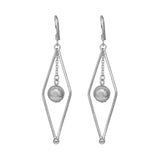 Sterling Silver Rhodium Plated Open Sharp Marqui Wire Dangling Center Ball Hook Earrings