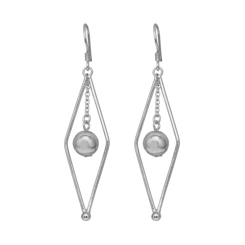 Sterling Silver Rhodium Plated Open Sharp Marqui Wire Dangling Center Ball Hook Earrings