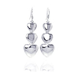 Sterling Silver Rhodium Plated Three Graduated Solid Heart Dangling Hook  Earrings