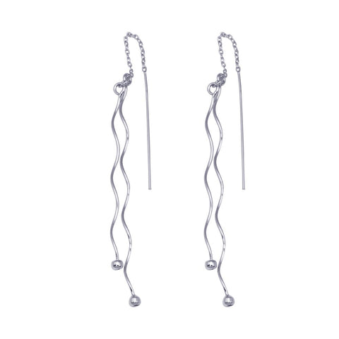 Sterling Silver Rhodium Plated Two twisted Wire Threaded Hanging Ball  Hook Earrings