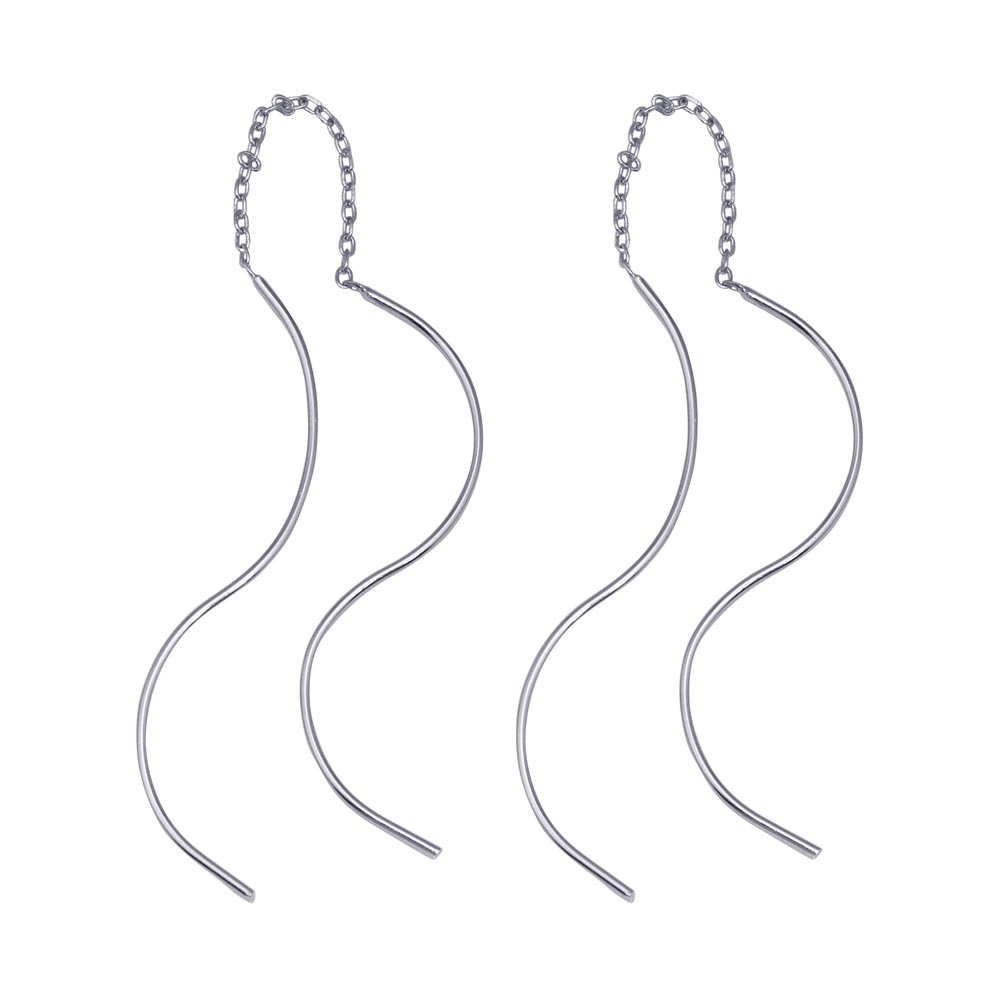 Sterling Silver Rhodium Plated Double Ended Drop Curve Shape Earrings