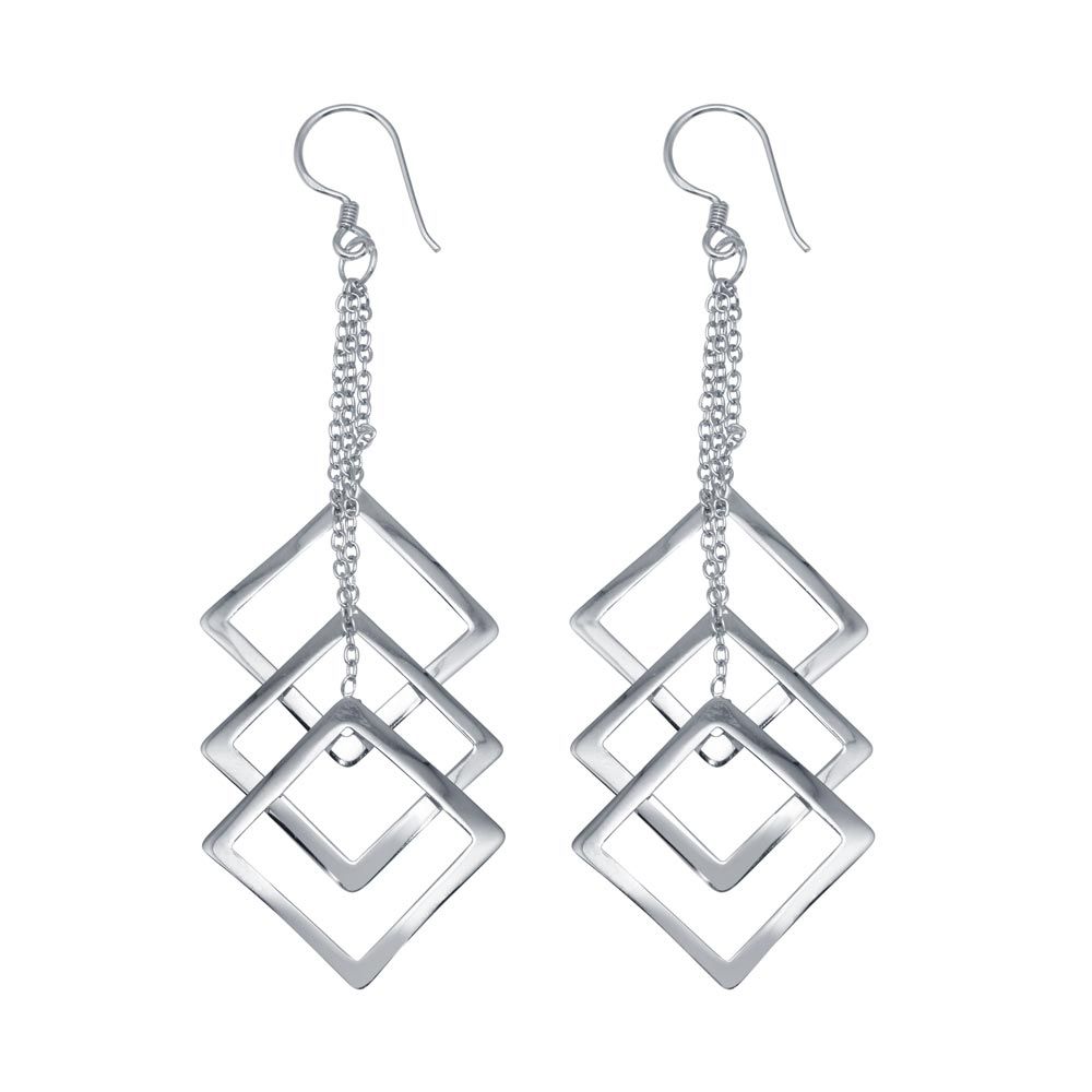 Sterling Silver Rhodium Plated  Multiple Open Square Dangling Wire Hook Earrings