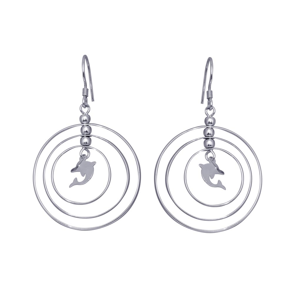 Sterling Silver  Rhodium Plated Open Graduated Circle Center Dolphin Dangling Hook Earrings