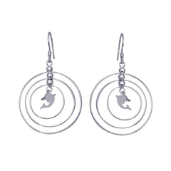 Sterling Silver  Rhodium Plated Open Graduated Circle Center Dolphin Dangling Hook Earrings