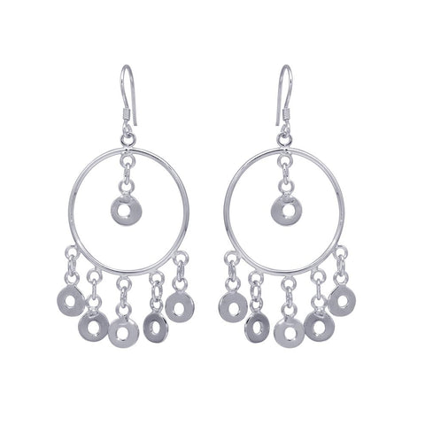 Sterling Silver  Rhodium Plated Multiple Open Black Circles Dangling Chandelier Hook Earrings