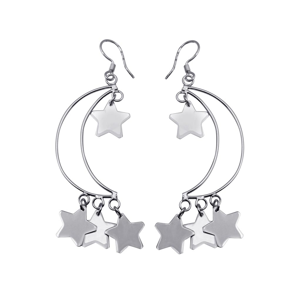 Sterling Silver Rhodium Plated Open Crescent Moon Dangling Stars Hook  Earrings