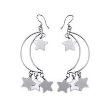 Load image into Gallery viewer, Sterling Silver Rhodium Plated Open Crescent Moon Dangling Stars Hook  Earrings