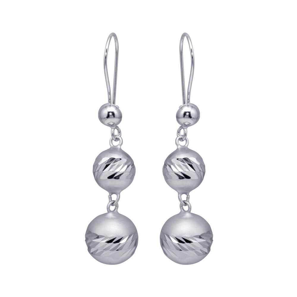 Sterling Silver Rhodium Plated Three Graduated Dangling Spheres Hook  Earrings