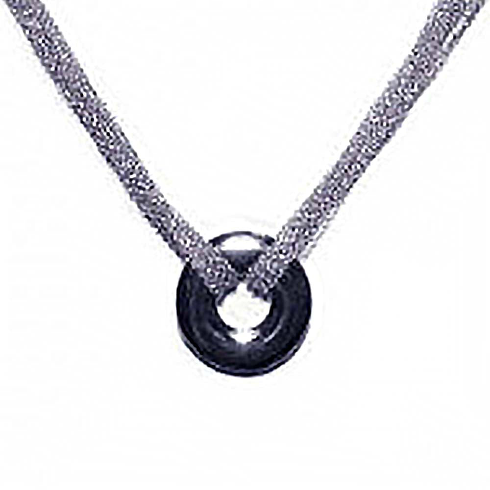 Sterling Silver Classy Multi-Chain Necklace with Open Black Circle Pendant