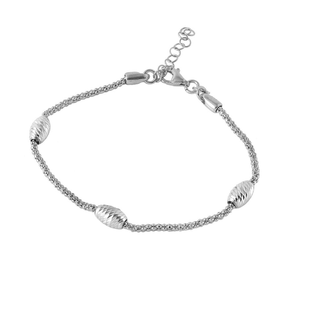 Sterling Silver Rhodium Plated Pop Corn Chain Oval Bead Accents Italian Bracelet