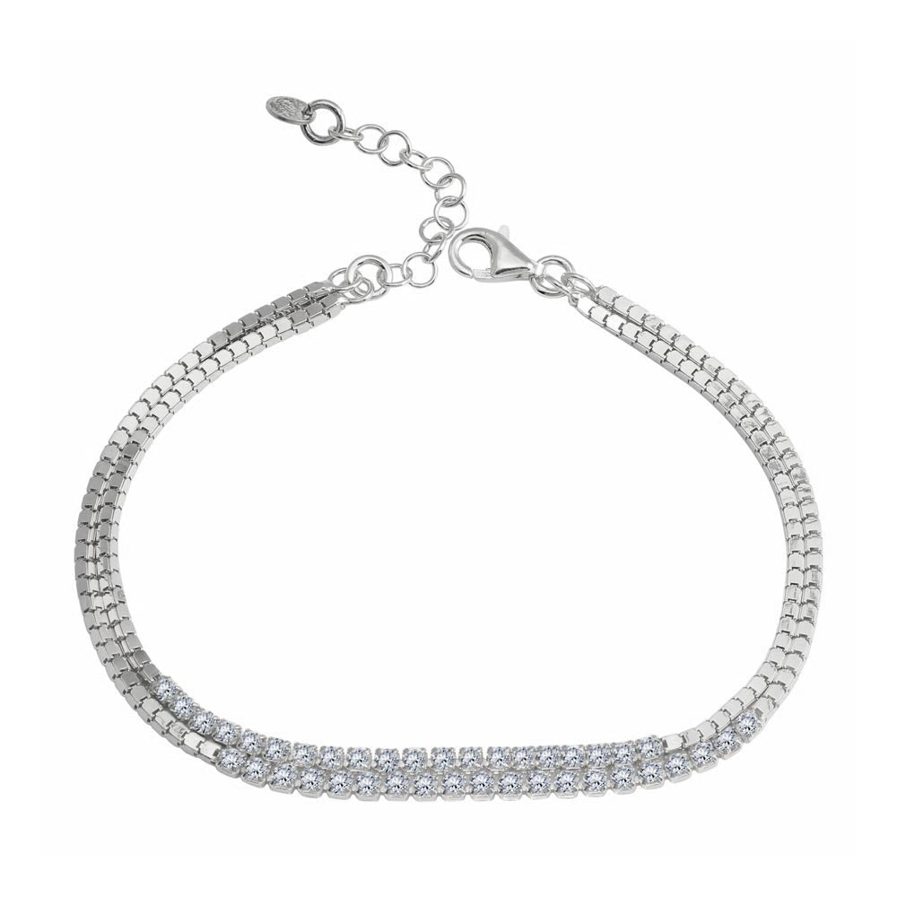 Sterling Silver Rhodium Plated Double Strand CZ Bracelet