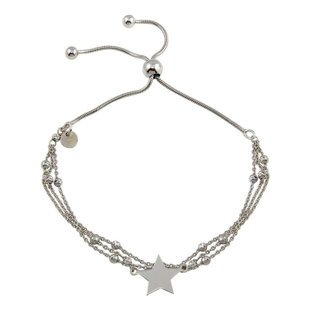 Sterling Silver Rhodium Plated Multi Chain Star Beaded Lariat Bracelet